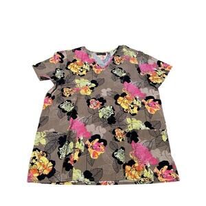 Cherokee Medical Scrubs Uniform Top Floral Women’s Size M Short Sleeve 2 Pockets
